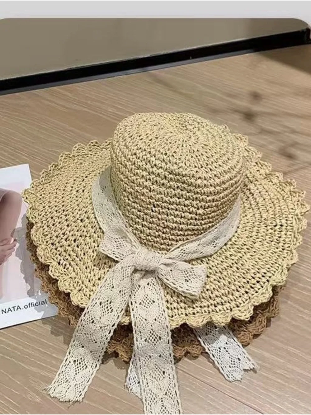 Miu Miu Kids Crochet Straw Sun Hat in Natural Cream